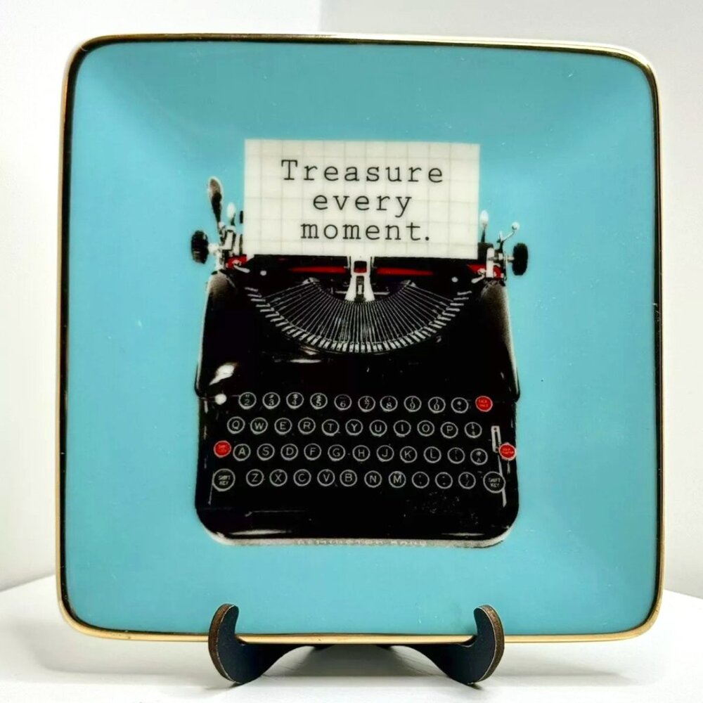 Typewriter Jewelry Tray. 5in x 5in. Blue and Gold Trim. Branded By Galison